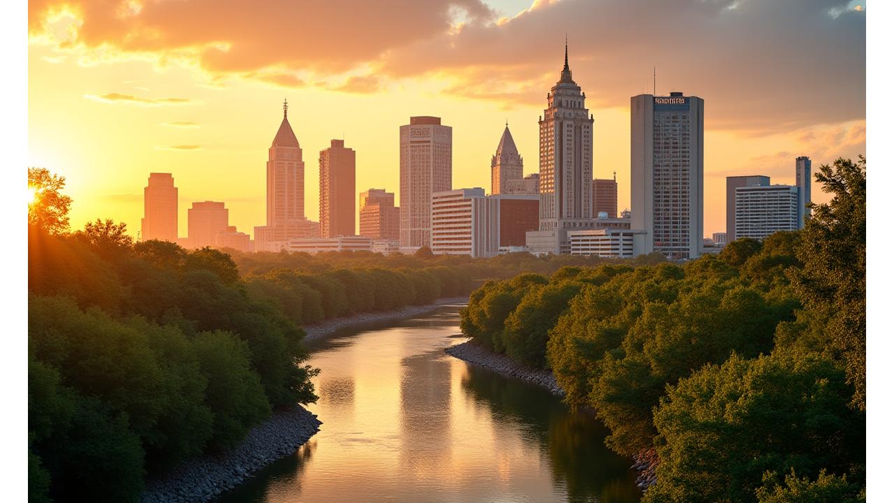 A vibrant panoramic shot of the Austin, Texas skyline at golden hour, featuring the city's unique architecture bathed in warm light, with subtle natural elements.