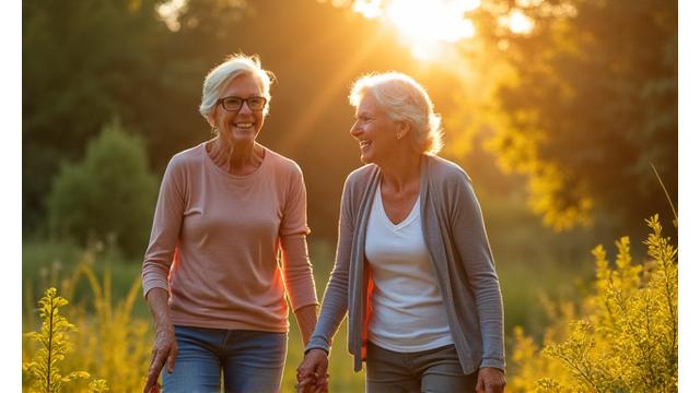 An active senior couple laughing and walking outdoors, symbolizing vibrant healthy aging.