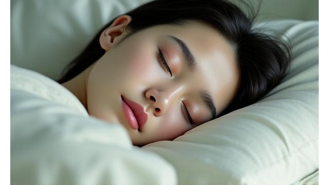 A tranquil person sleeping peacefully in a comfortable bed, illustrating deep sleep and rest.