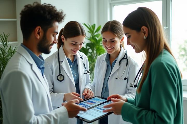 Team of diverse health professionals collaborating around a tablet, reviewing research papers and data, symbolizing Veridian Bloom's rigorous expert review process.