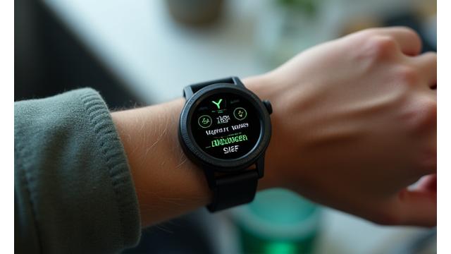 Close-up of a smartwatch tracking heart rate on a person's wrist, emphasizing biomonitoring and health data.