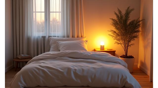 A serene bedroom with soft lighting and a neatly made bed, representing ideal sleep health conditions.