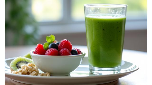 A vibrant green smoothie, fresh fruit, and healthy granola, showcasing a balanced and nutritious diet for healthy aging.