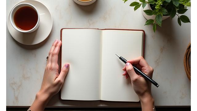 A person diligently journaling with a pen, surrounded by a calm, organized desk, signifying mindful mental health practices.